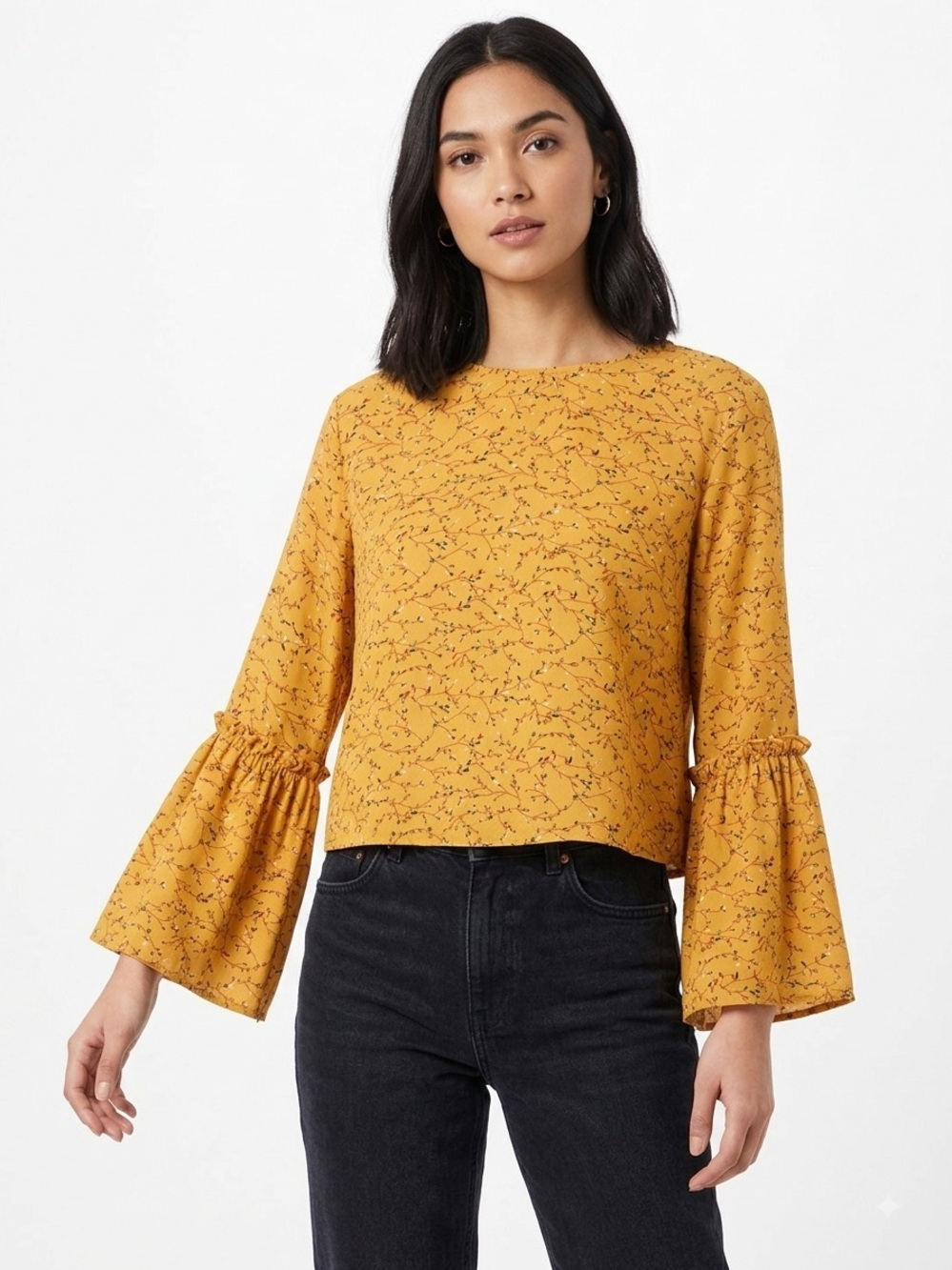 Sweet Rain NWOT Mustard Yellow Floral Bell-Sleeve Boho Top No Stretch